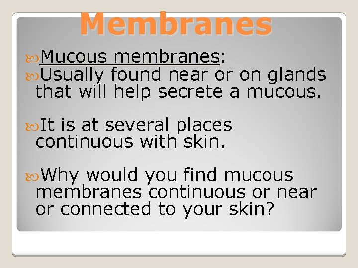 Membranes Mucous membranes: membranes Usually found near or on glands that will help secrete
