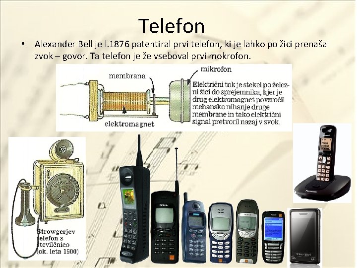 Telefon • Alexander Bell je l. 1876 patentiral prvi telefon, ki je lahko po