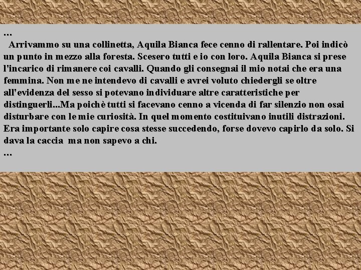 … Arrivammo su una collinetta, Aquila Bianca fece cenno di rallentare. Poi indicò un