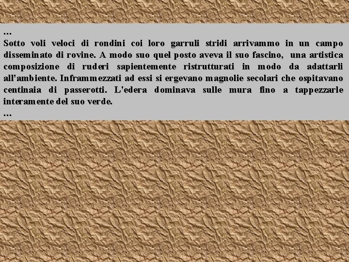 … Sotto voli veloci di rondini coi loro garruli stridi arrivammo in un campo