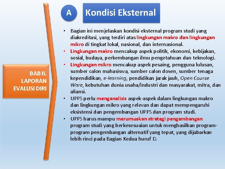 A BAB II. LAPORAN EVALUSI DIRI Kondisi Eksternal • Bagian ini menjelaskan kondisi eksternal A BAB II. LAPORAN EVALUSI DIRI Kondisi Eksternal • Bagian ini menjelaskan kondisi eksternal