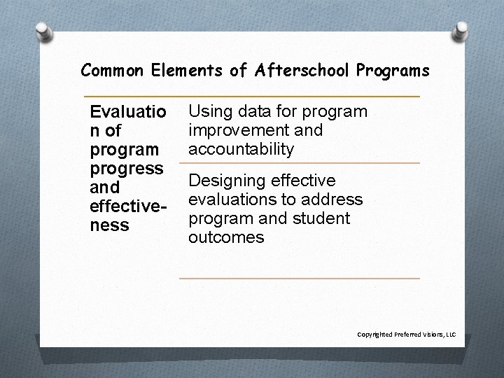 Common Elements of Afterschool Programs Evaluatio n of program progress and effectiveness Using data