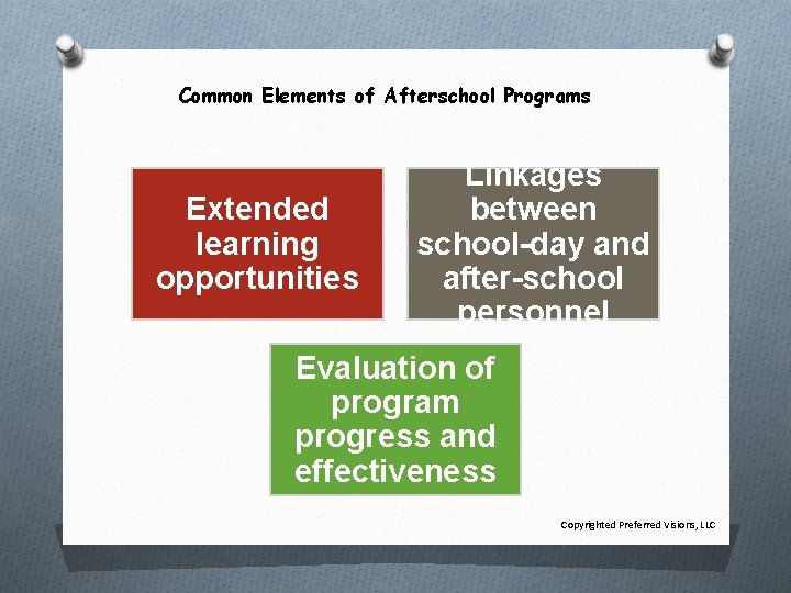 Common Elements of Afterschool Programs Extended learning opportunities Linkages between school-day and after-school personnel
