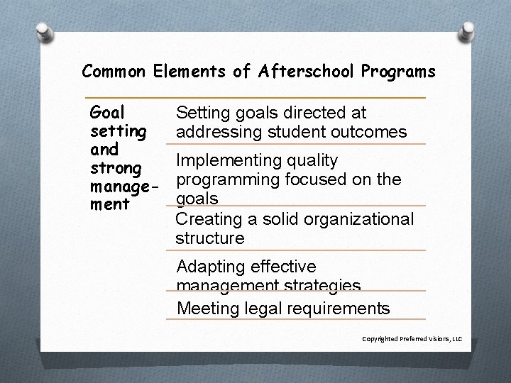 Common Elements of Afterschool Programs Goal setting and strong management Setting goals directed at
