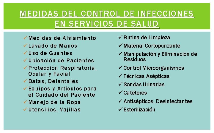 MEDIDAS DEL CONTROL DE INFECCIONES EN SERVICIOS DE SALUD ü Medidas de Aislamiento ü MEDIDAS DEL CONTROL DE INFECCIONES EN SERVICIOS DE SALUD ü Medidas de Aislamiento ü