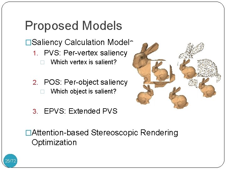 Proposed Models �Saliency Calculation Models 1. PVS: Per-vertex saliency model � Which vertex is