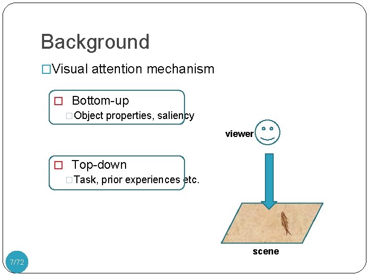 Background �Visual attention mechanism � Bottom-up �Object properties, saliency viewer � Top-down �Task, prior