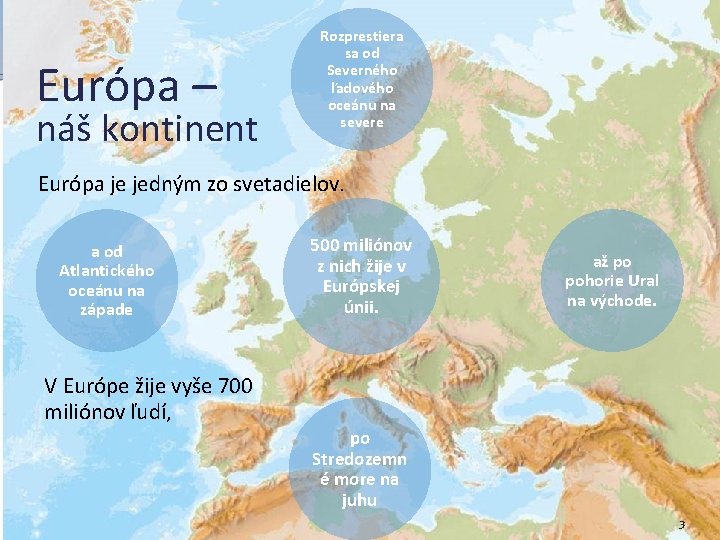 Európa – náš kontinent Rozprestiera sa od Severného ľadového oceánu na severe Európa je