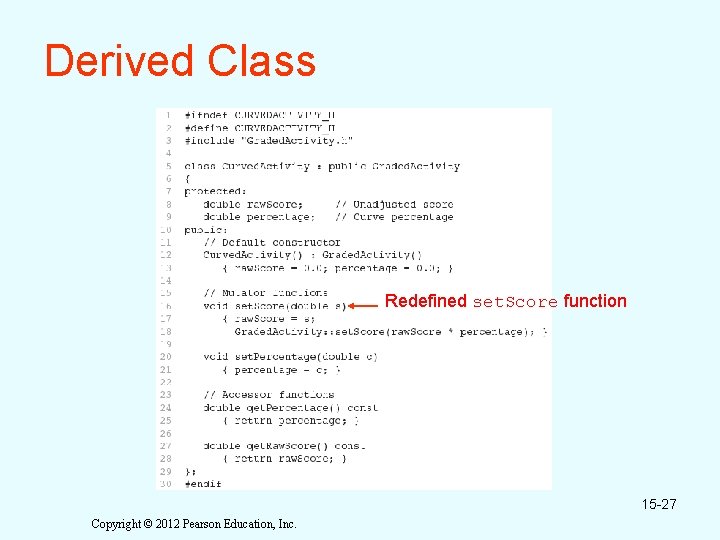 Derived Class Redefined set. Score function 15 -27 Copyright © 2012 Pearson Education, Inc. Derived Class Redefined set. Score function 15 -27 Copyright © 2012 Pearson Education, Inc.