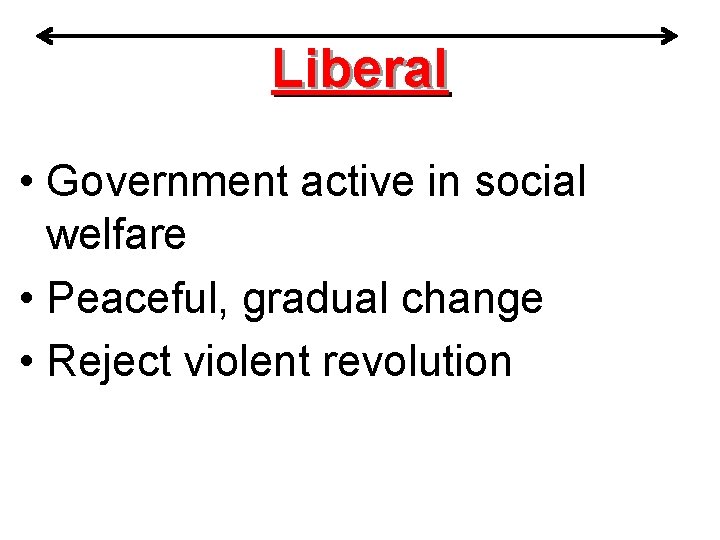 Liberal • Government active in social welfare • Peaceful, gradual change • Reject violent