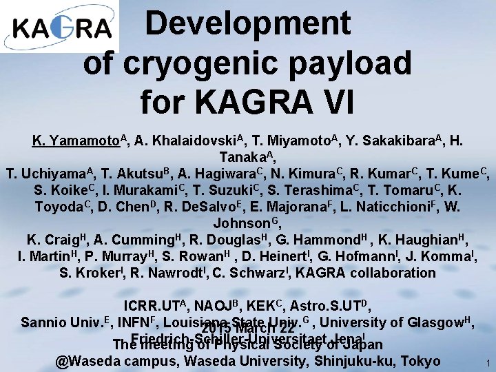 Development of cryogenic payload for KAGRA VI K. Yamamoto. A, A. Khalaidovski. A, T.