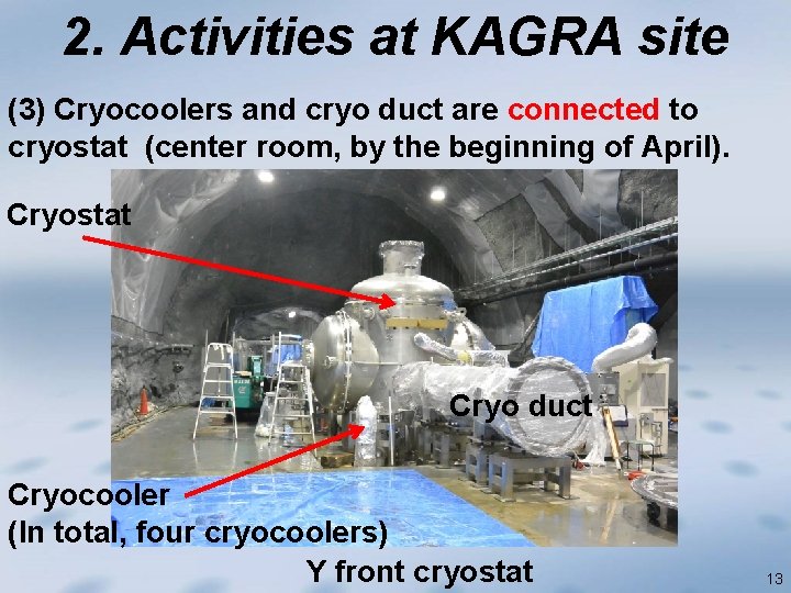 2. Activities at KAGRA site (3) Cryocoolers and cryo duct are connected to cryostat