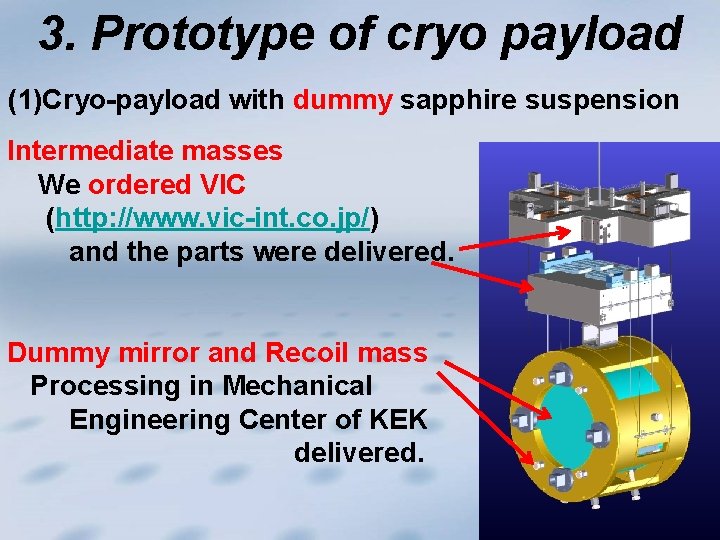 3. Prototype of cryo payload (1)Cryo-payload with dummy sapphire suspension Intermediate masses We ordered