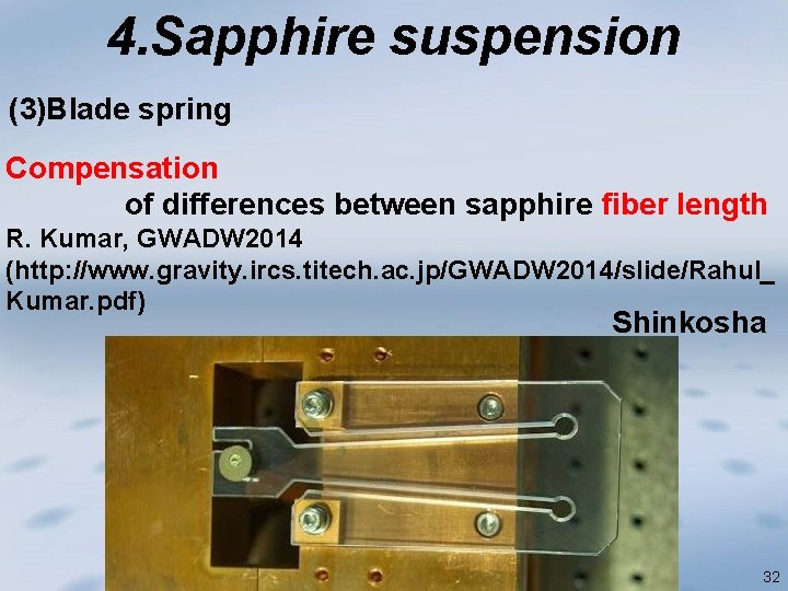4. Sapphire suspension (3)Blade spring Compensation of differences between sapphire fiber length R. Kumar,