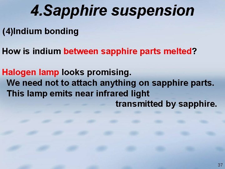 4. Sapphire suspension (4)Indium bonding How is indium between sapphire parts melted? Halogen lamp