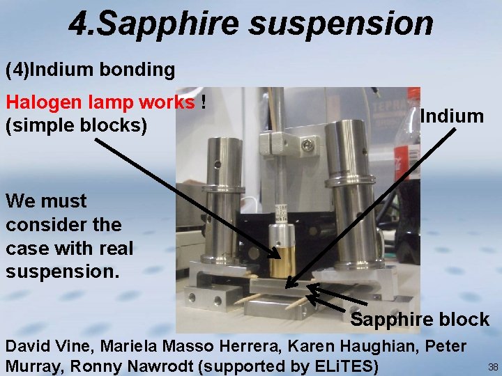 4. Sapphire suspension (4)Indium bonding Halogen lamp works ! (simple blocks) Indium We must