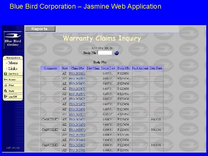 Blue Bird Corporation – Jasmine Web Application 