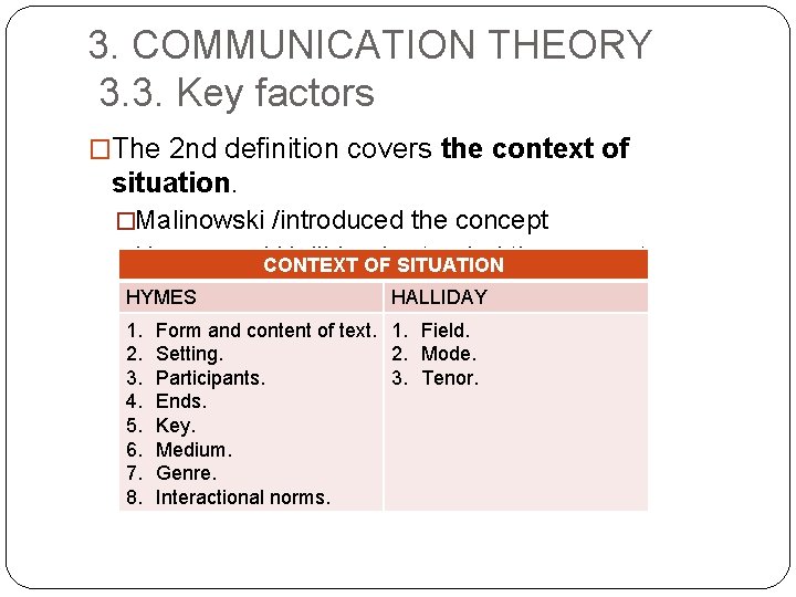 3. COMMUNICATION THEORY 3. 3. Key factors �The 2 nd definition covers the context