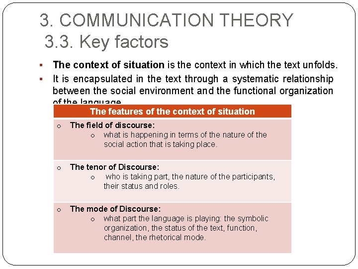 3. COMMUNICATION THEORY 3. 3. Key factors The context of situation is the context