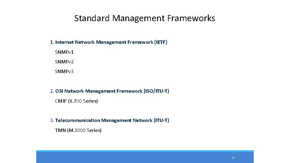 Standard Management Frameworks 1. Internet Network Management Framework (IETF) SNMPv 1 SNMPv 2 SNMPv Standard Management Frameworks 1. Internet Network Management Framework (IETF) SNMPv 1 SNMPv 2 SNMPv