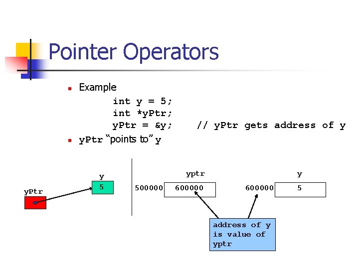 Pointer Operators n n y. Ptr Example int y = 5; int *y. Ptr;