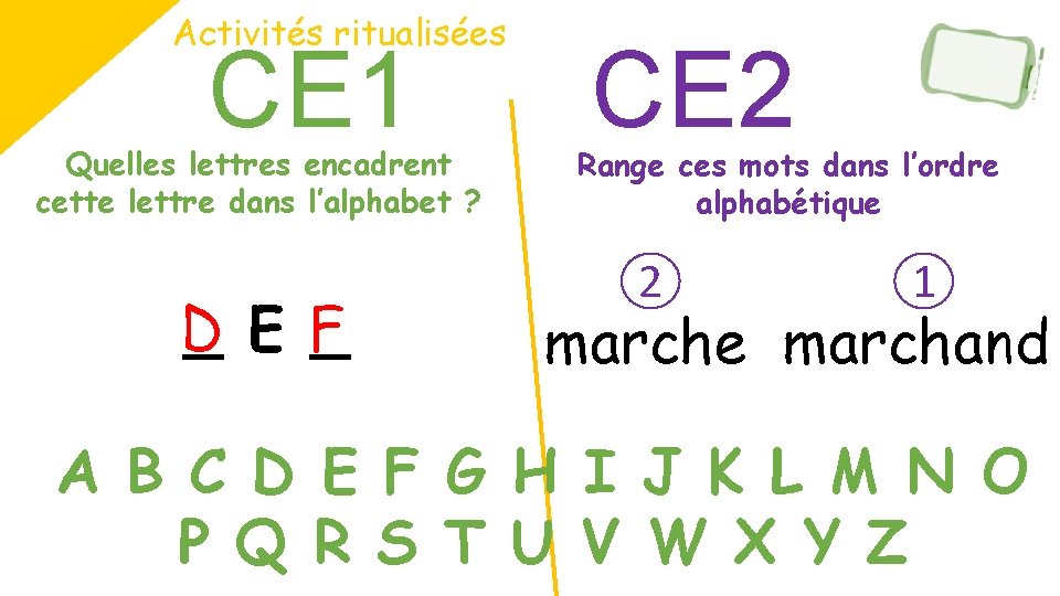 Activités ritualisées CE 1 Quelles lettres encadrent cette lettre dans l’alphabet ? D _