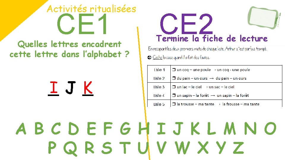 Activités ritualisées CE 1 Quelles lettres encadrent cette lettre dans l’alphabet ? CE 2