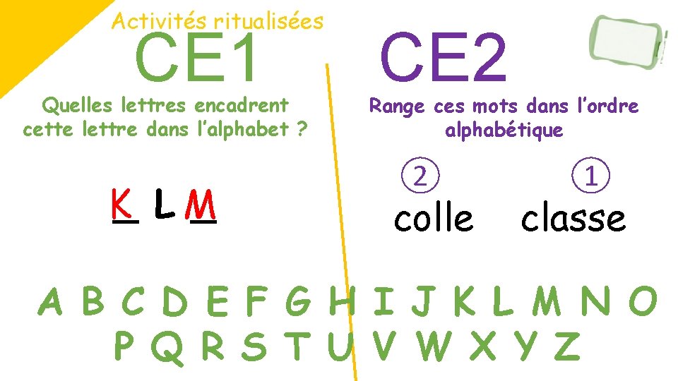 Activités ritualisées CE 1 Quelles lettres encadrent cette lettre dans l’alphabet ? K_ L