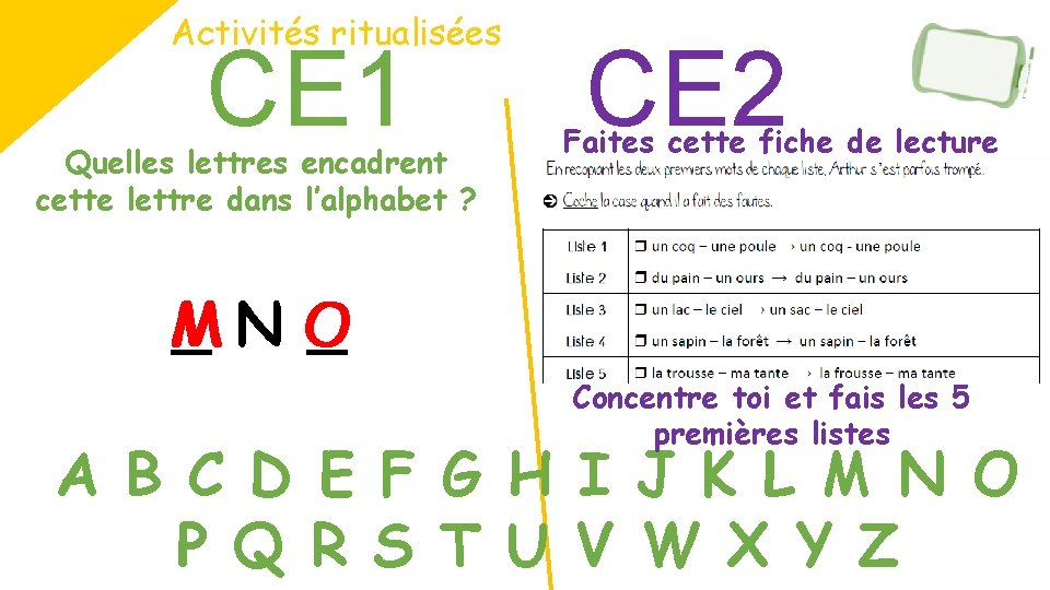 Activités ritualisées CE 1 Quelles lettres encadrent cette lettre dans l’alphabet ? CE 2