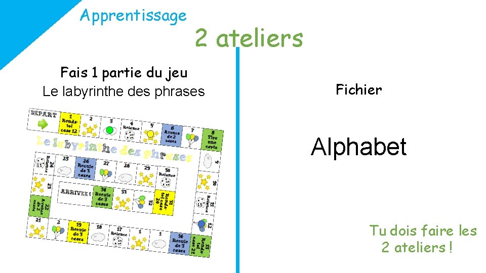 Apprentissage 2 ateliers Fais 1 partie du jeu Le labyrinthe des phrases Fichier Alphabet