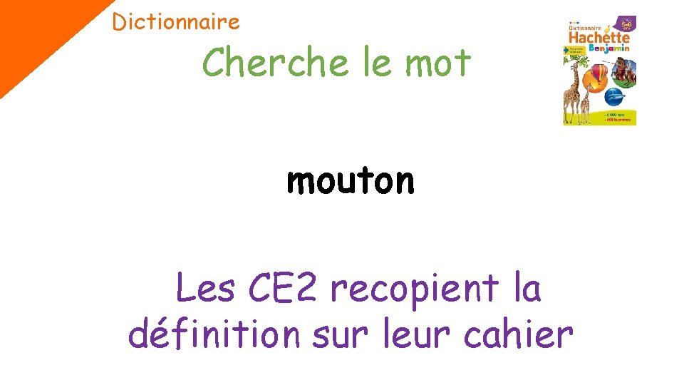 Dictionnaire Cherche le mot mouton Les CE 2 recopient la définition sur leur cahier