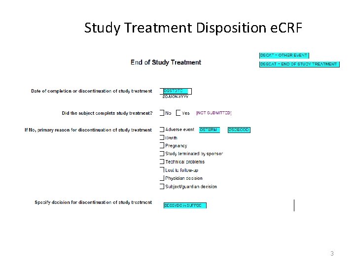 Study Treatment Disposition e. CRF 3 
