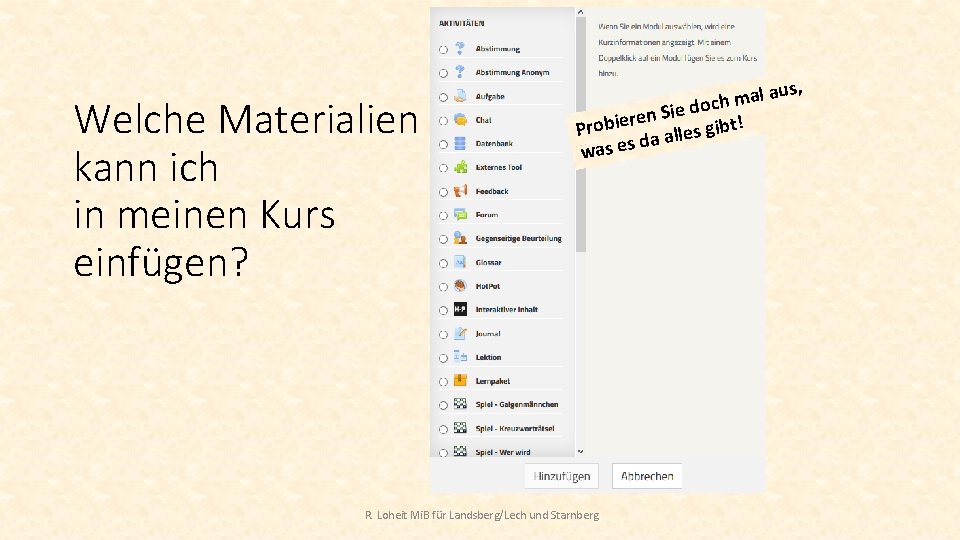 Welche Materialien kann ich in meinen Kurs einfügen? s, al au m h c