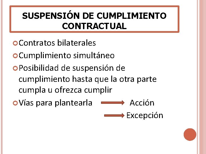 SUSPENSIÓN DE CUMPLIMIENTO CONTRACTUAL Contratos bilaterales Cumplimiento simultáneo Posibilidad de suspensión de cumplimiento hasta SUSPENSIÓN DE CUMPLIMIENTO CONTRACTUAL Contratos bilaterales Cumplimiento simultáneo Posibilidad de suspensión de cumplimiento hasta