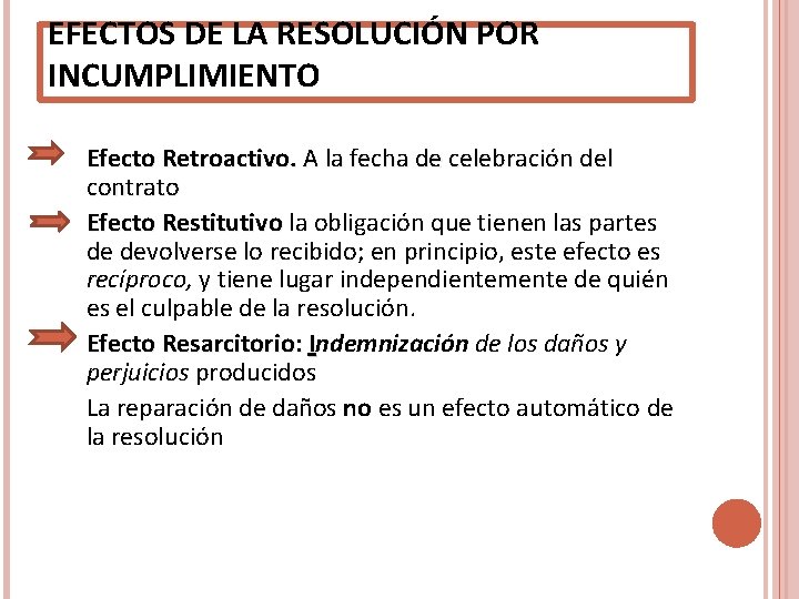 EFECTOS DE LA RESOLUCIÓN POR INCUMPLIMIENTO Efecto Retroactivo. A la fecha de celebración del EFECTOS DE LA RESOLUCIÓN POR INCUMPLIMIENTO Efecto Retroactivo. A la fecha de celebración del