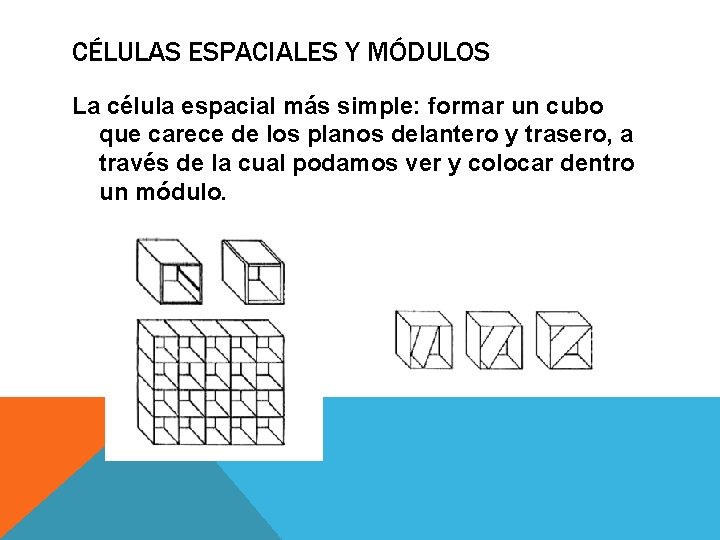 CÉLULAS ESPACIALES Y MÓDULOS La célula espacial más simple: formar un cubo que carece CÉLULAS ESPACIALES Y MÓDULOS La célula espacial más simple: formar un cubo que carece