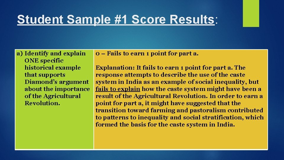 Student Sample #1 Score Results: a) Identify and explain ONE specific historical example that