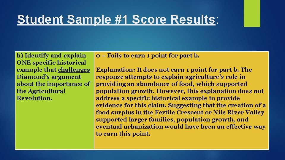 Student Sample #1 Score Results: b) Identify and explain ONE specific historical example that