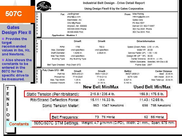 507 C Gates Design Flex II n Provides the target recommended values in lbs,