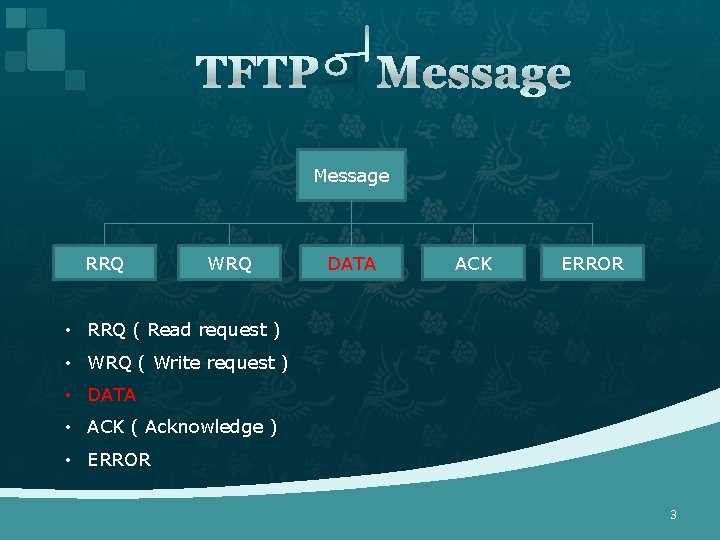 TFTP의 Message RRQ WRQ DATA ACK ERROR • RRQ ( Read request ) •