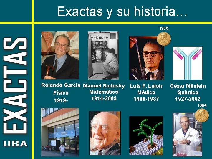 Exactas y su historia… 1970 Rolando García Manuel Sadosky Luis F. Leloir Matemático Médico