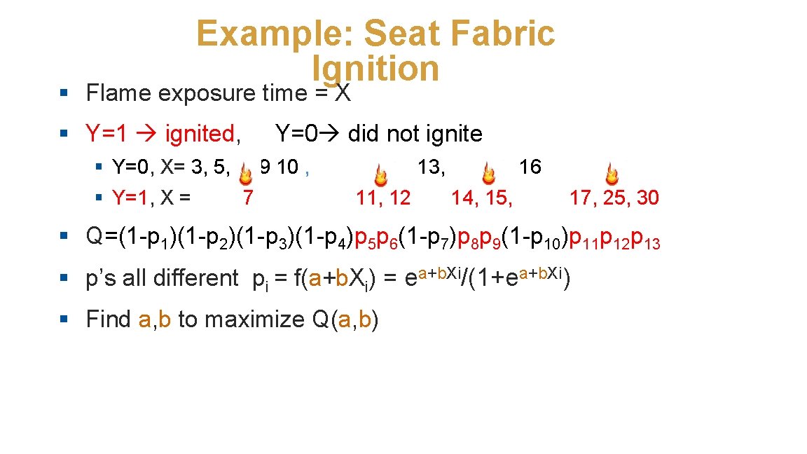 Example: Seat Fabric Ignition § Flame exposure time = X § Y=1 ignited, Y=0