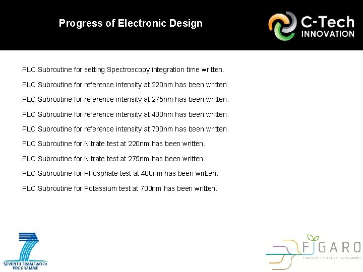 Progress of Electronic Design PLC Subroutine for setting Spectroscopy integration time written. PLC Subroutine