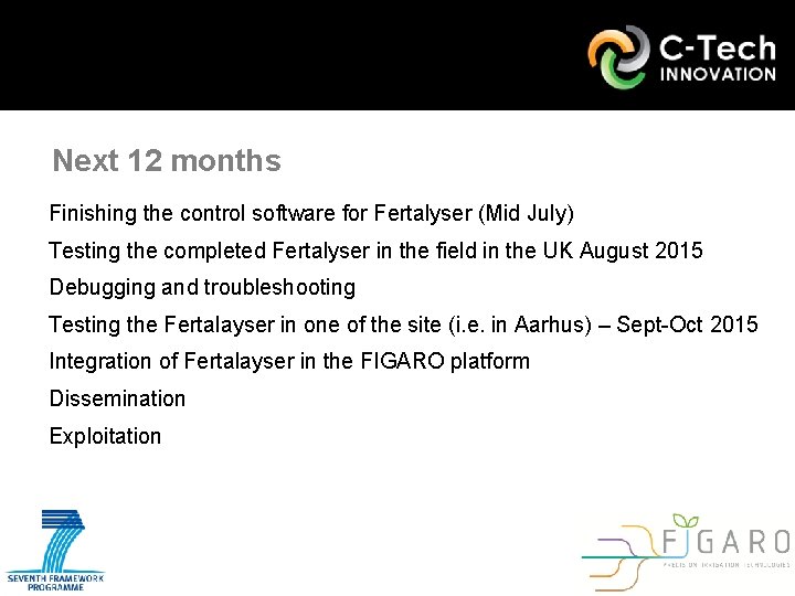 Next 12 months Finishing the control software for Fertalyser (Mid July) Testing the completed