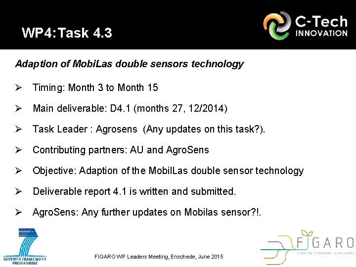 WP 4: Task 4. 3 Adaption of Mobi. Las double sensors technology Ø Timing: WP 4: Task 4. 3 Adaption of Mobi. Las double sensors technology Ø Timing: