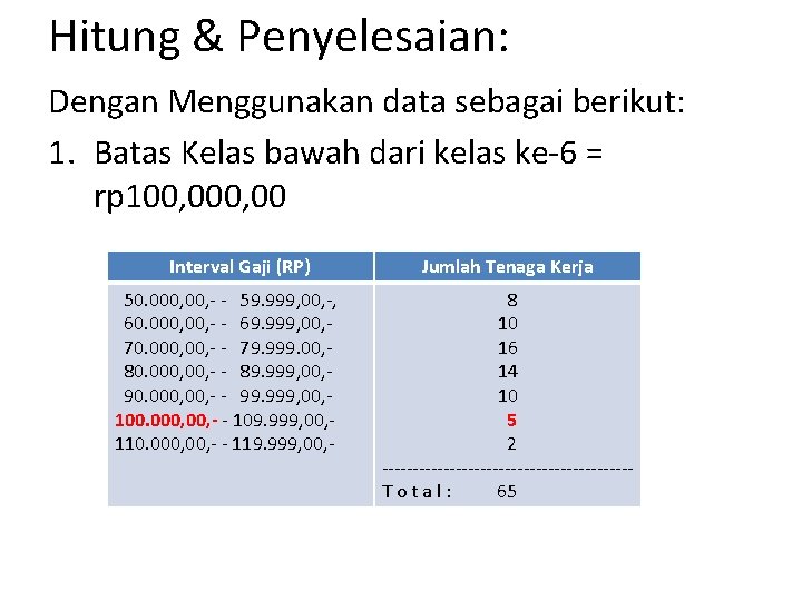 Hitung & Penyelesaian: Dengan Menggunakan data sebagai berikut: 1. Batas Kelas bawah dari kelas