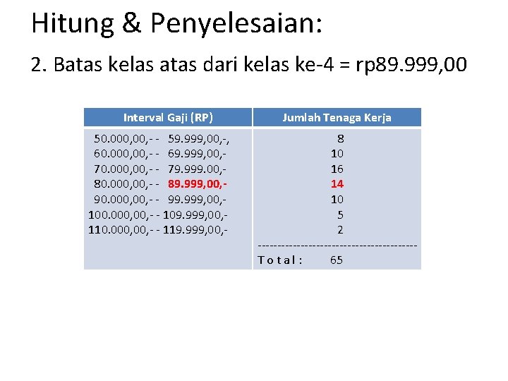 Hitung & Penyelesaian: 2. Batas kelas atas dari kelas ke-4 = rp 89. 999,