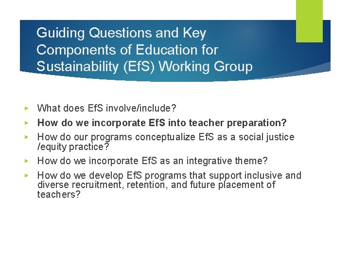 Guiding Questions and Key Components of Education for Sustainability (Ef. S) Working Group ▶