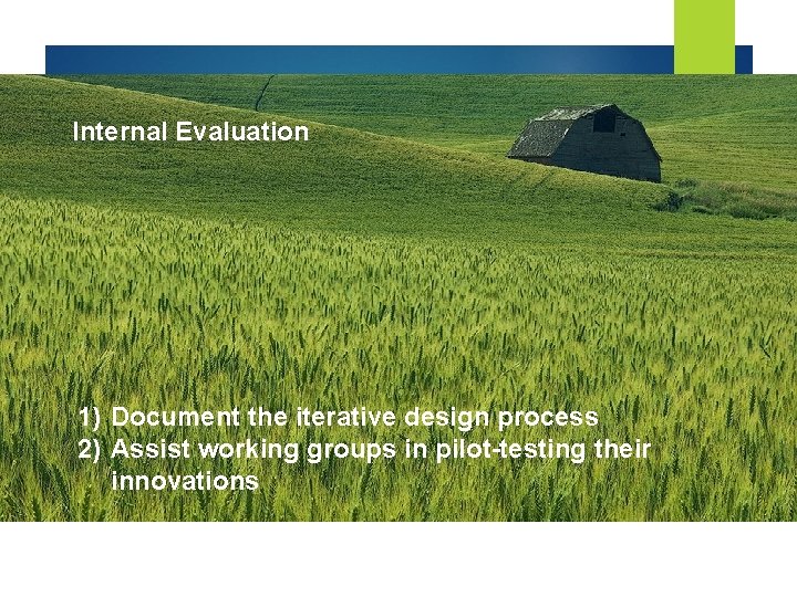 Internal Evaluation 1) Document the iterative design process 2) Assist working groups in pilot-testing