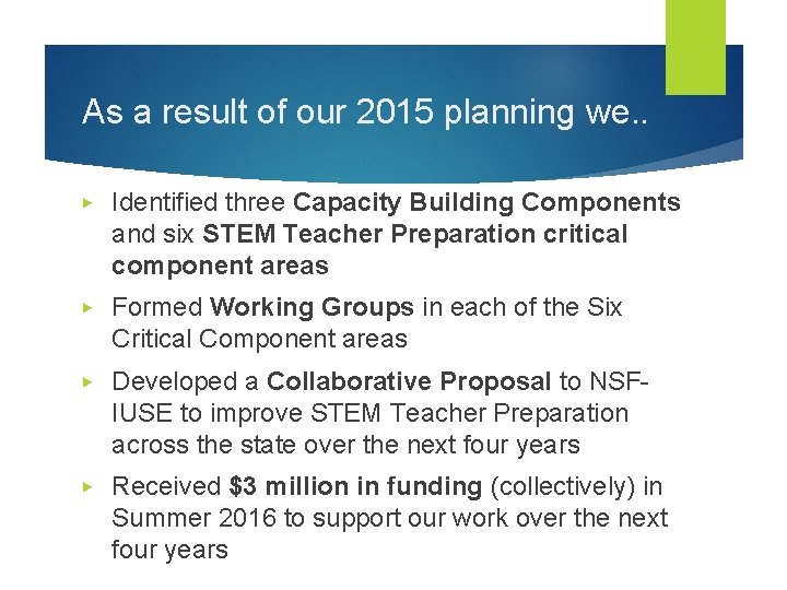 As a result of our 2015 planning we. . ▶ Identified three Capacity Building